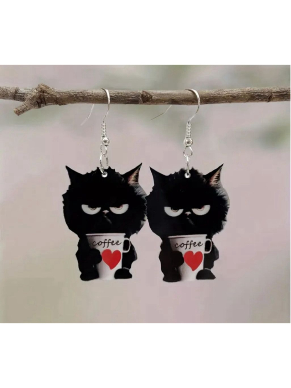 Black cat holding a coffee dangle earrings